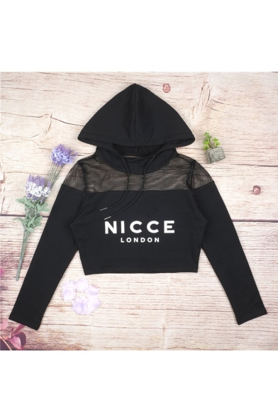 Sexy Hooded Mesh Insert Letter Print Cropped Hoodie