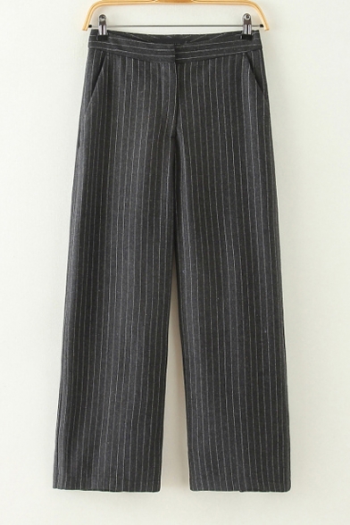 Vertical Striped Zipper Front Button Fly Wide Leg Crop Pants