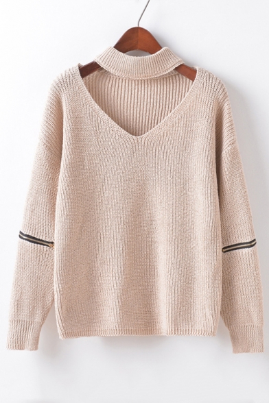 Chic Cut Out V-neck Zip Decoration Long Sleeve Sweater