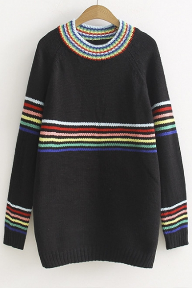 Color Block Stripe Print Mock Neck Loose Pullover Long Sleeve Sweater