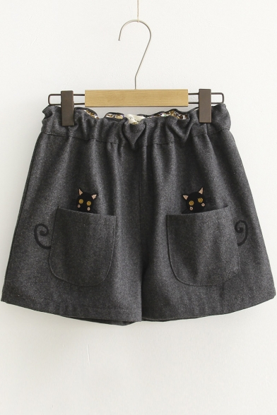 Fashion Elastic Waist Pocket Embroidery Cat Pattern Shorts