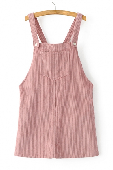 Plain Corduroy Overall Dress with Front Pocket