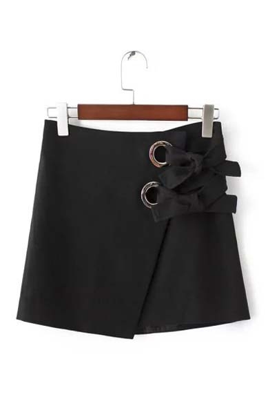 Trendy Metal Rings Bow Front Zip-Back Asymmetric Mini Skirt