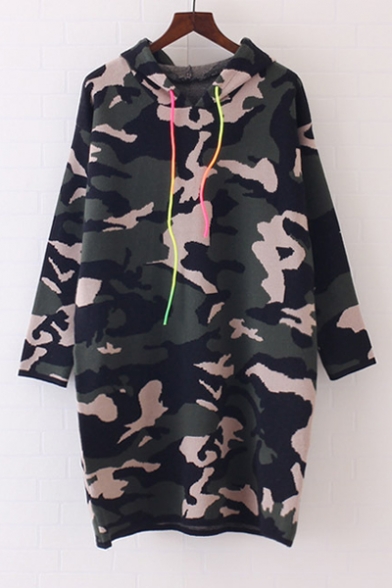 Casual Camouflage Print Pullover Hooded Tunic Women's Sweater Dress