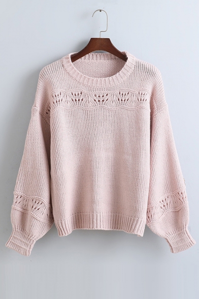 Plain Cutout Crochet Round Neck Long Sleeve Elastic Cuffs Sweater