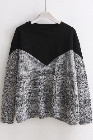 Preppy Style Color Block Loose Round Neck Long Sleeve Knitted Women's Sweater