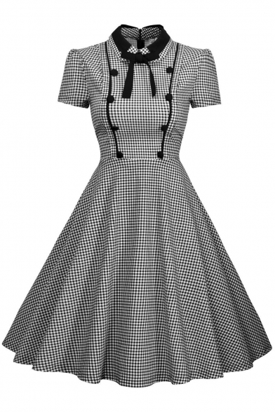 Retro Houndstooth Print Buttons Chest Details Bow Collar Dress