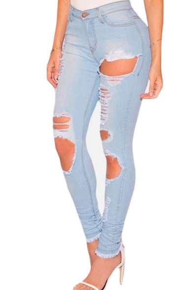 Women Casual Destroyed Ripped Distressed Skinny Denim Jeans ...