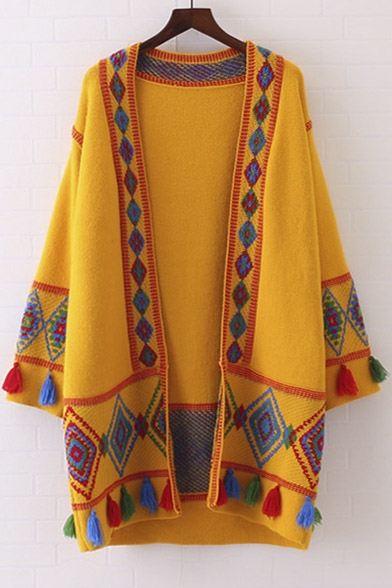 Ethnic Style Long Sleeve Tassel Design Tunic Women's Knit Kimono Cardigan