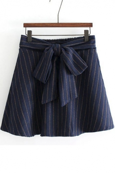 Fall Winter Bow Tie Elastic Waist Striped A-line Skirt