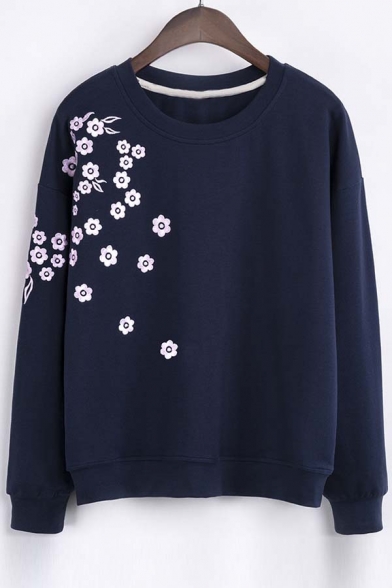 Fashion Floral Embroidery Round Neck Long Sleeve Sweatshirt