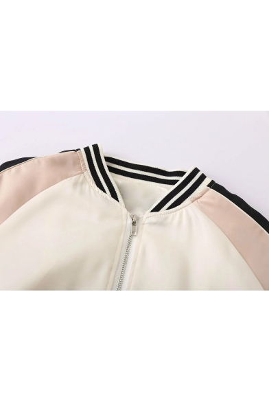 Fish Embroidery Back Color Block Stripe Trim Stand-up Collar Baseball Jacket