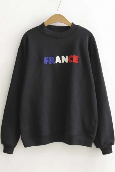 FRANCE Embroidery Pattern Elastic Trim Pullover Sweatshirt with Long Sleeve