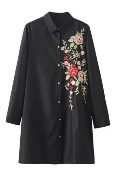 Longline Peter-Pan Collar Floral Embroidered Buttons Down Shirt