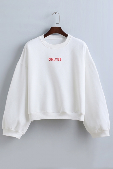 OH YES Letter Print Drop Sleeve Round Neck Loose Short Sweatshirt