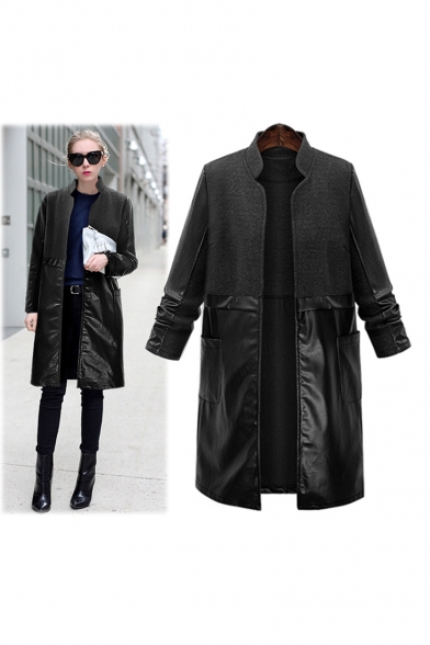Oversized Leather Panel Stand-Up Collar Open-Front Coat