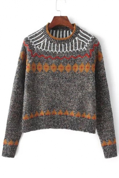 Semi-High Collar Geometric Print Color Block Pullover Sweater