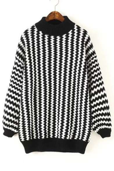 Striped Houndstooth Pattern Contrast Trim Half High Neck Black and White Sweater