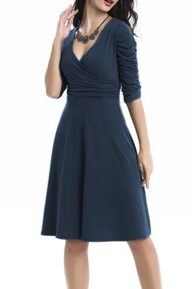Women's 3/4 Sleeve Dress Ruched Waist Classy V-Neck Casual Cocktail Dress