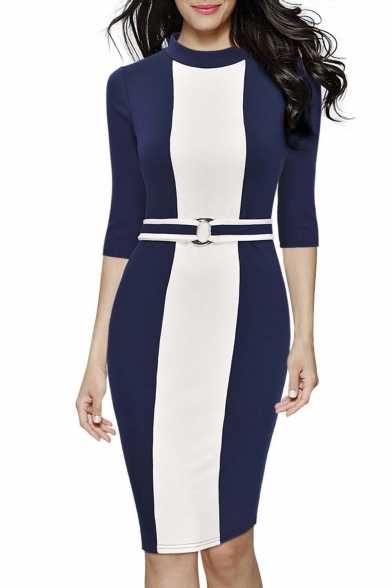 Women's Formal Half High Collar Optical Illusion Business Slim Pencil Dress