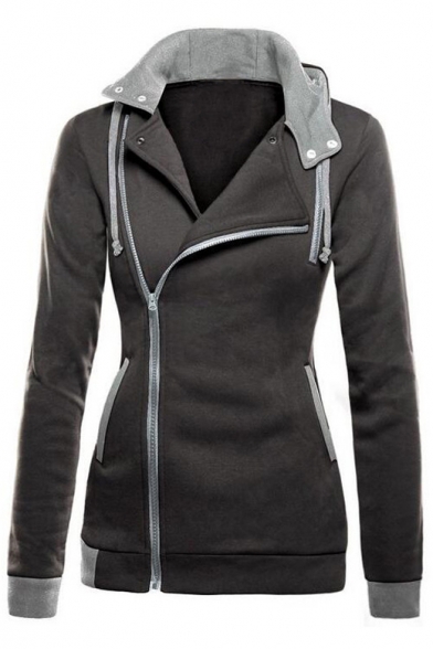 Women's Oblique Zipper Slim Fit Hoodie Jacket