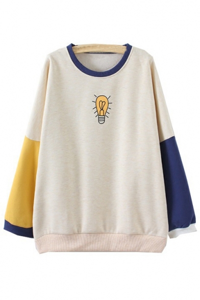 Contrast Long Sleeve Lamp Bulb Print Pullover Sweatshirt