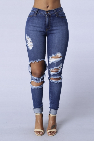 Fashion Distressed Knee Folded Cuff Bodycon Jeans