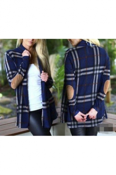 Fashion Plaid Elbow Patchwork Open-Front Coat with Long Sleeve