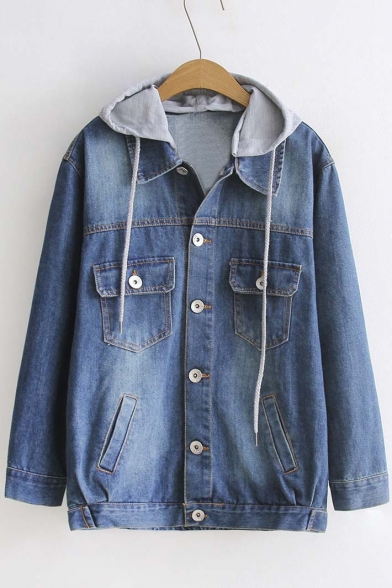 New Arrival Single Breasted Lapel Denim Jacket with Hood