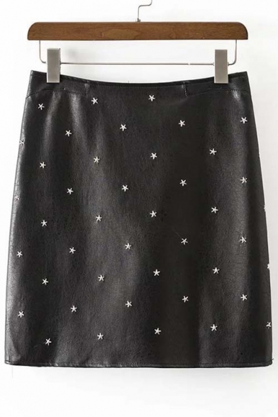 New Star Studded High Wist Zip-Back PU Mini Bodycon Skirt