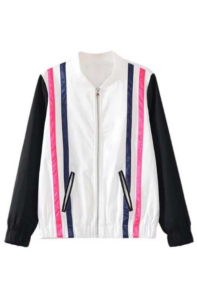 Striped Color Block Long Sleeve Stand Collar Zip Up Baseball Jacket