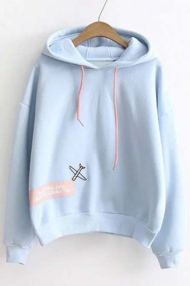Preppy Style Hooded Plain Letter Print Dropped Long Sleeve Hoodie