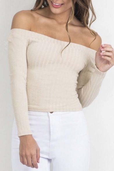 Sexy Off the Shoulder Long Sleeve Plain Cropped Sweater