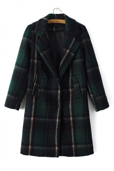 Winter Stylish Plaid Notched Lapel Long Sleeve Snap Button Wool Coat