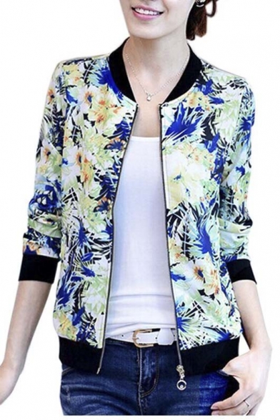 Women's Casual Slim Fit Round Neck Floral Print Baseball Bomber Jacket