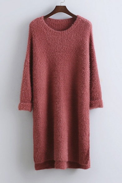 Loose Pullover Plain Long Sleeve High Low Hem Knit Sweater Midi Dress