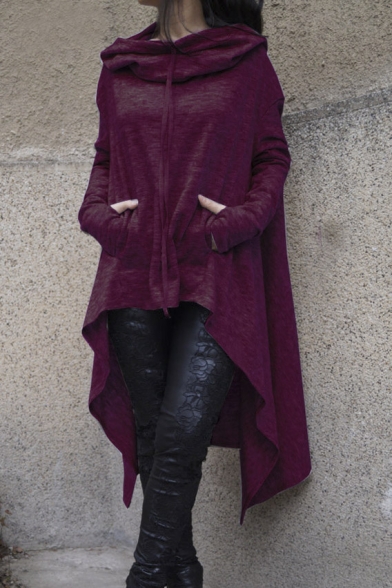 Stylish High Low Hem Solid Color Tunic Hoodie