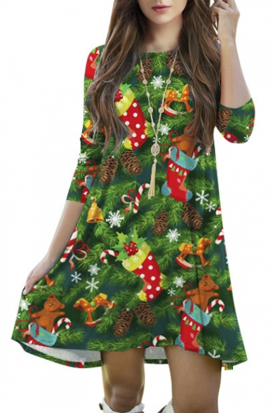 Trendy Christmas Theme Print 3/4 Length Sleeve Round Neck Mini Swing Dress