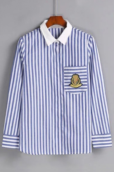 Vertical Striped Contrast Lapel Embroidery Bandage Single Breasted Button Down Shirt with One Pocket