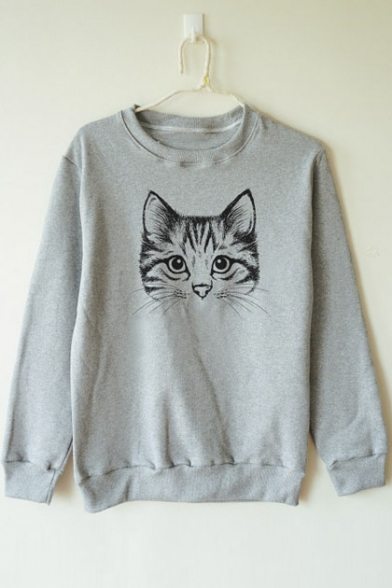 Cute Cat Print Long Sleeve Loose Pullover Casual Women's Sweatshirt ...