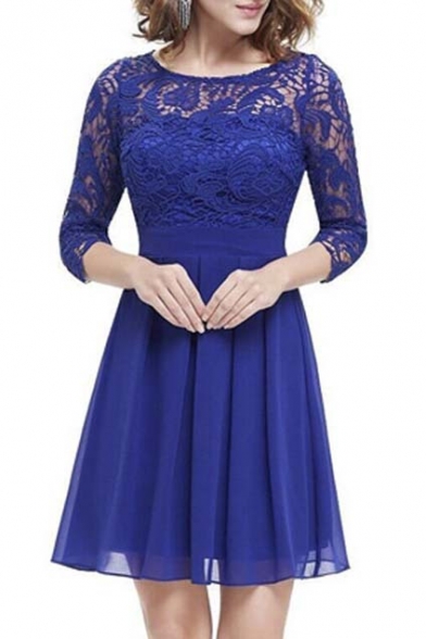 Elegant Lace Insert Floral 3/4 Length Sleeve Mini A-line Chiffon Dress