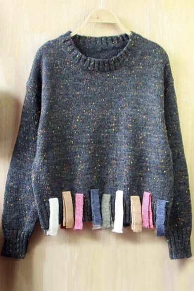 Fashion Tassel Elastic Trim Long Sleeve Sweater Knitted with Colorful Line