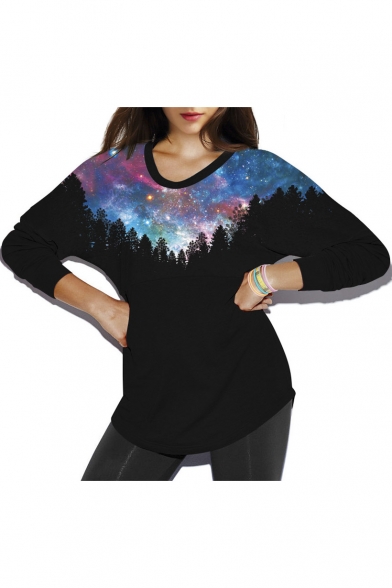 Galaxy Print Round Neck Pullover Batwing Sleeve Women's Sweatshirt