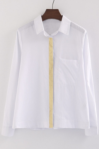Plain Contrast Placket Single Breasted Lapel Long Sleeve Button Down Shirt