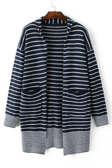 Striped Contrast Trim Cocoon Long Sleeve Cardigan with Two Pockets