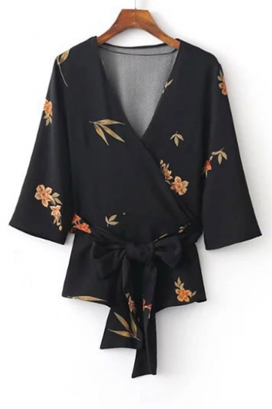 V-Neck Leaf Floral Print Tie Detail Loose Shirt
