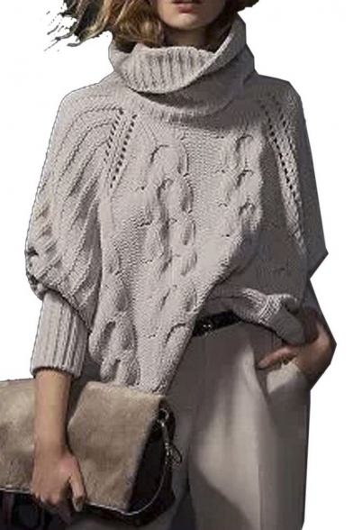 Women's Acrylic Loose High Neck Chunky Cable Long Sleeve Sweater