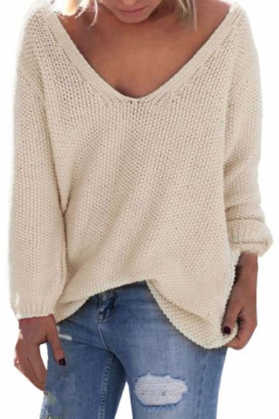 Women's V Neck Solid Color Loose Pullover Thin Sweater