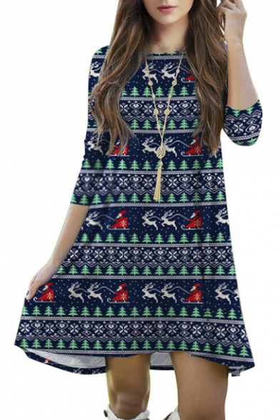 Christmas Party Dress Printed 3/4 Sleeve Round Neck Dress