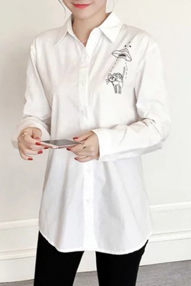 Cute Cat Print High Low Hem Cotton Long Sleeve Single Breasted Women's Shirt